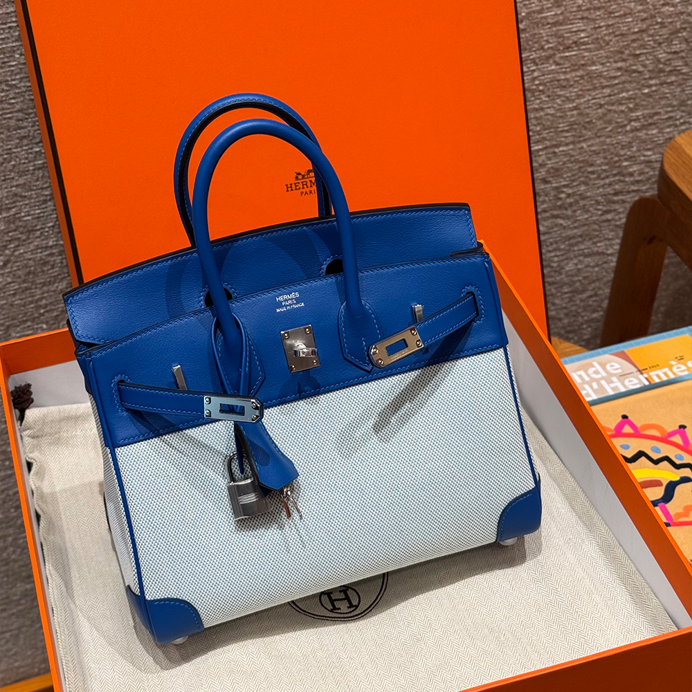 올수공 에르메스 버킨 25 Blue France 스위프트 가죽 & 캔버스 실버 하드웨어