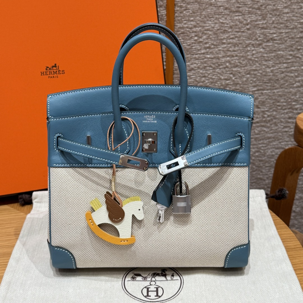 올수공 에르메스 버킨 25 Bleu Jean 스위프트 가죽 & 캔버스 실버 하드웨어