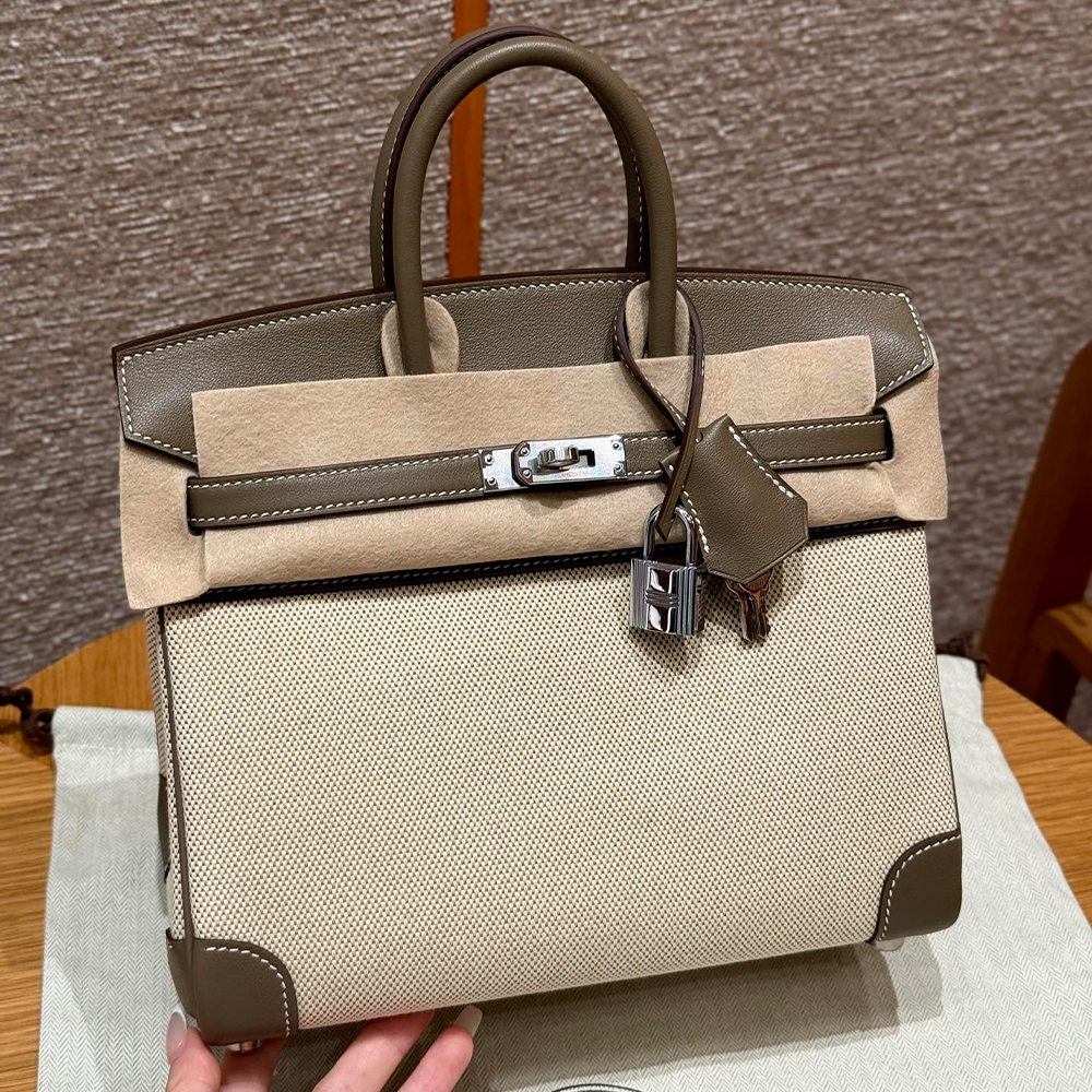 올수공 에르메스 버킨 25 Etoupe 스위프트 가죽 & 캔버스 실버 하드웨어