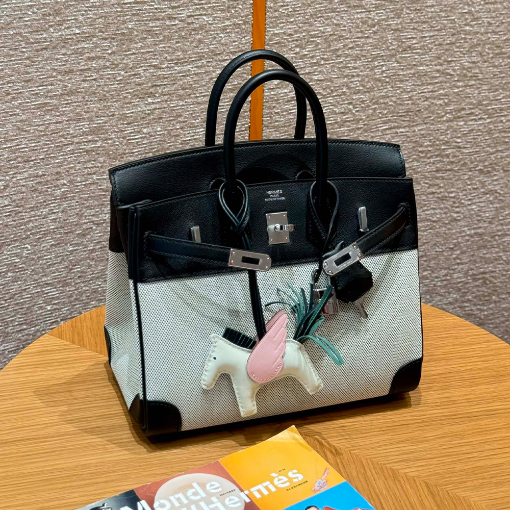 올수공 에르메스 버킨 25 noir 스위프트 가죽 & 캔버스 실버 하드웨어